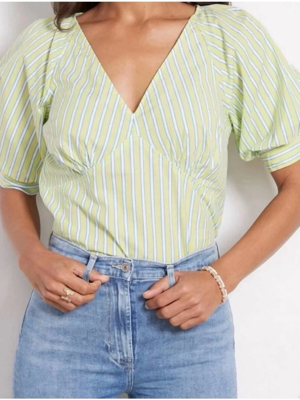 Anthropology Sanctuary Light Green Striped Blouse Size: Medium